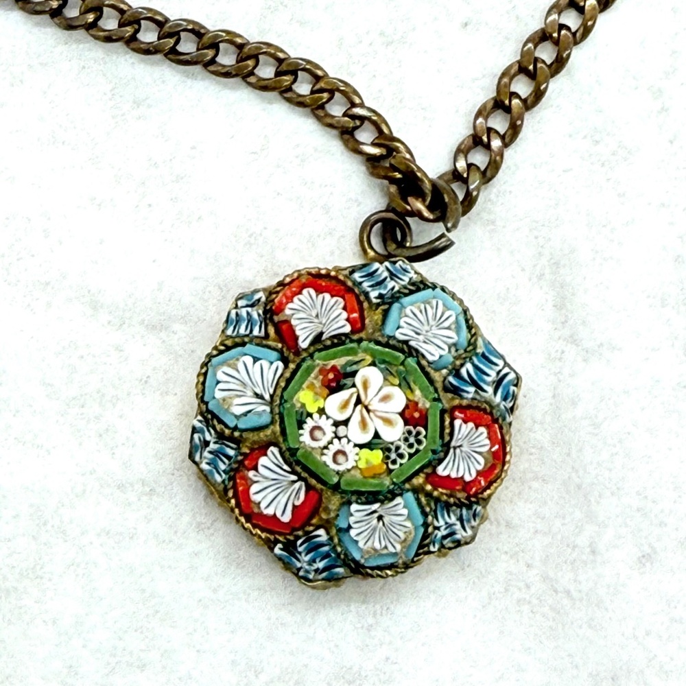 Vintage Italian Micro Mosaic Pendant w 12" Chain Marked Italy